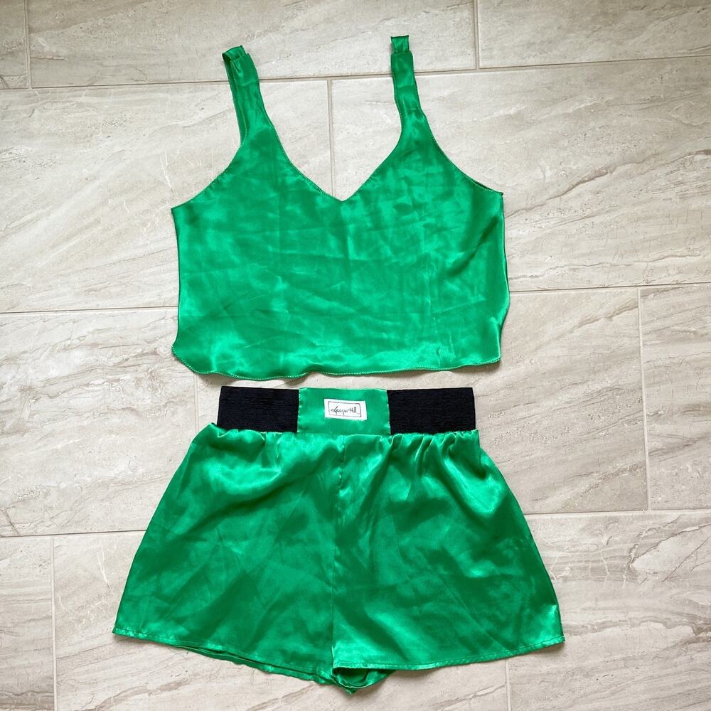 Vintage Matching Set Lingerie Cami Shorts Set Green Satin Womens Size Medium